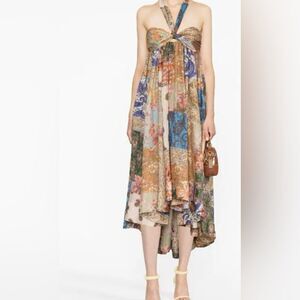 Zimmermann Devi Mixed Print Halter Neck Silk Dress - Patch Paisley Sz 0P / US 2